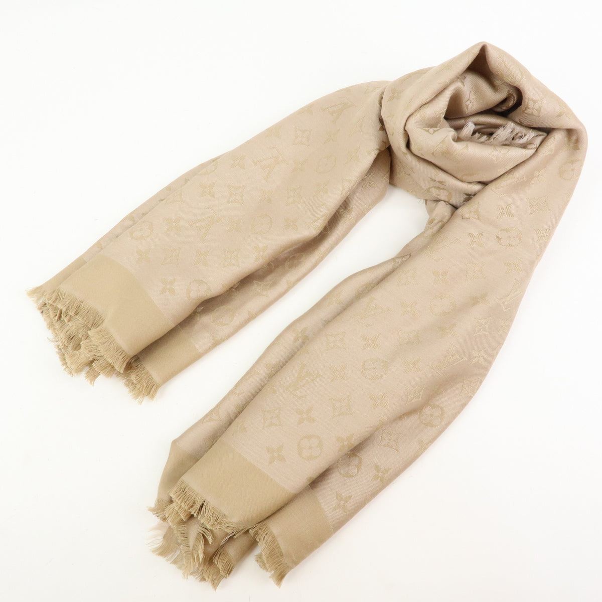 Louis Vuitton Monogram Shine Silk Wool Scarf Shawl Fringe Greige M75121