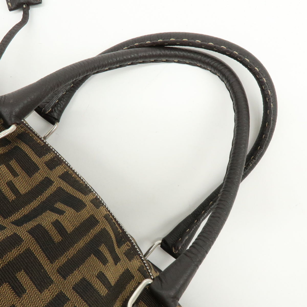 FENDI Zucca Selleria Jacquard Leather Shoulder Bag Boston Bag Brown