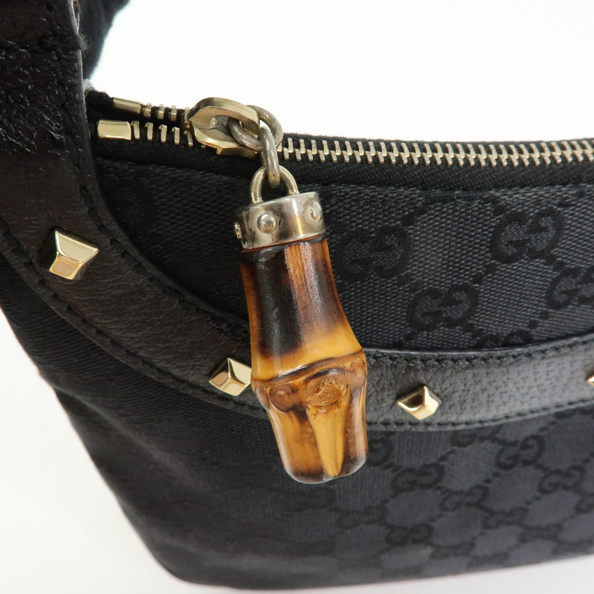 GUCCI Bamboo GG Canvas Leather Hand Bag Black 137378