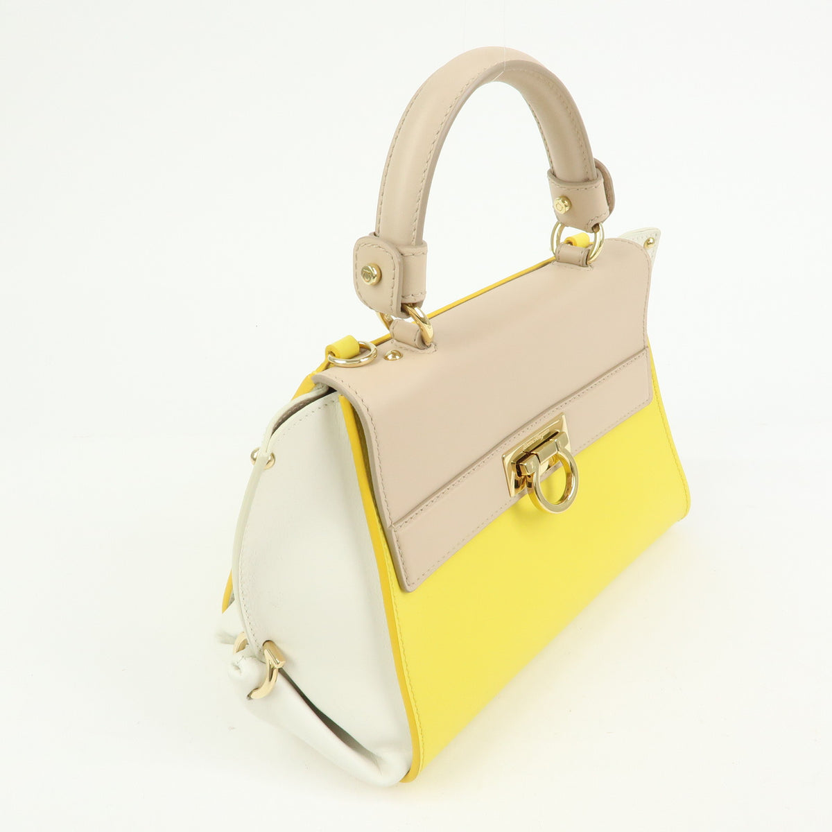 Ferragamo Gantini Leather 2Way Hand Bag Shoulder Bag Yellow Beige White
