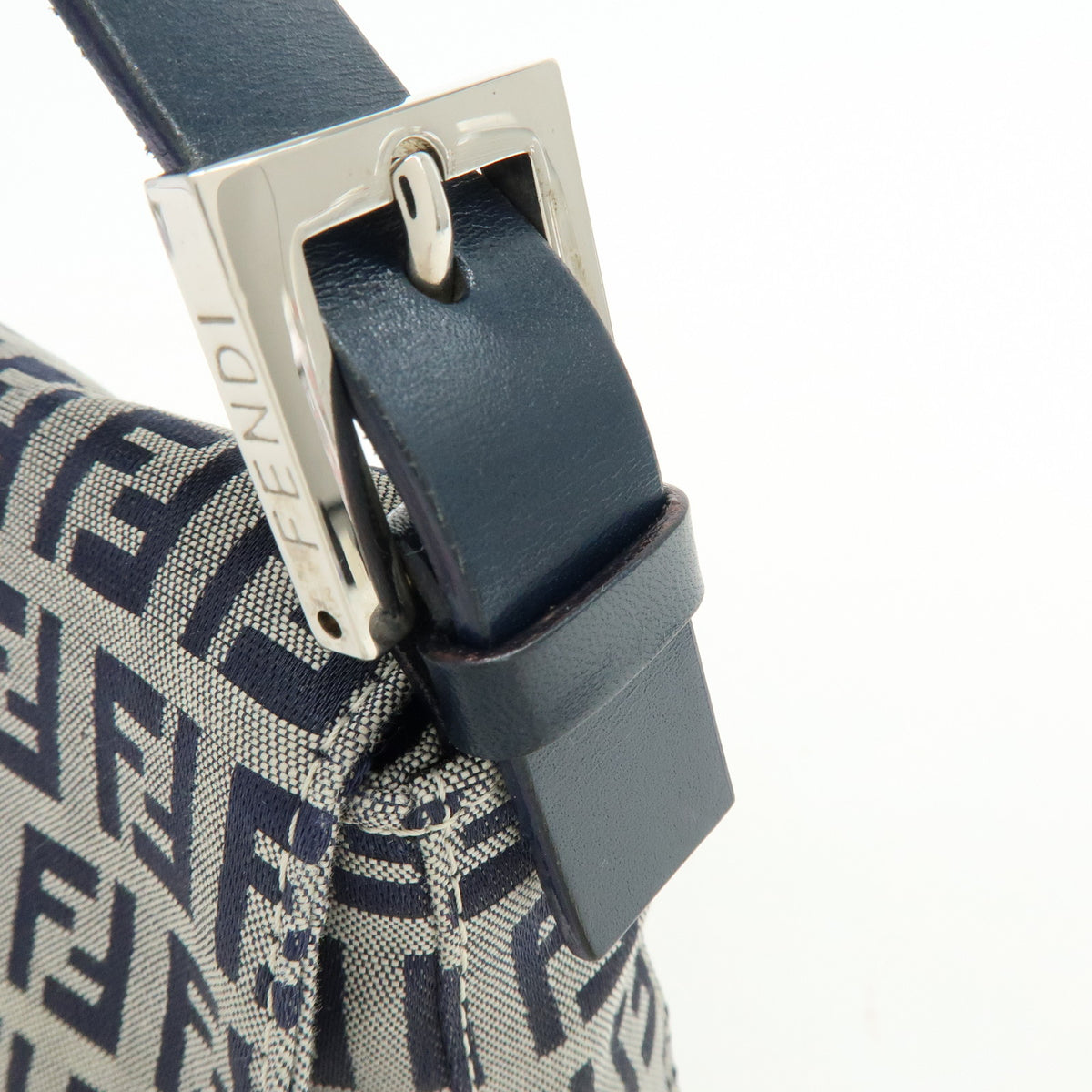 FENDI Mamma Baguette Zucchino Canvas Leather Shoulder Bag Navy 26424