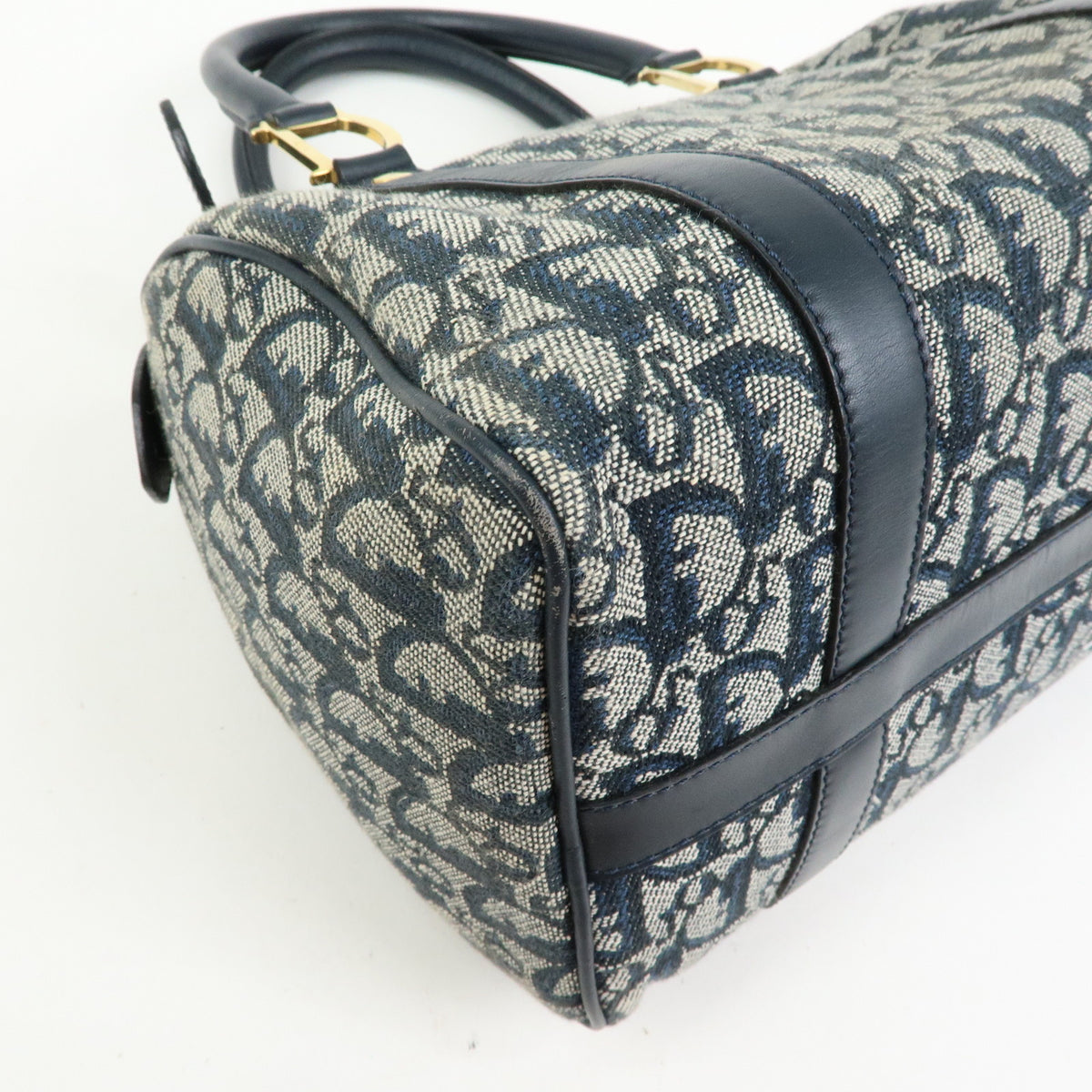Christian Dior Trotter Jacquard Canvas Leather Boston Bag Hand Bag Navy