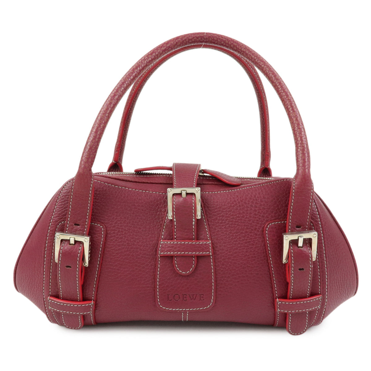 LOEWE Senda Leather Boston Bag Hand Bag Buckle Design Bordeaux