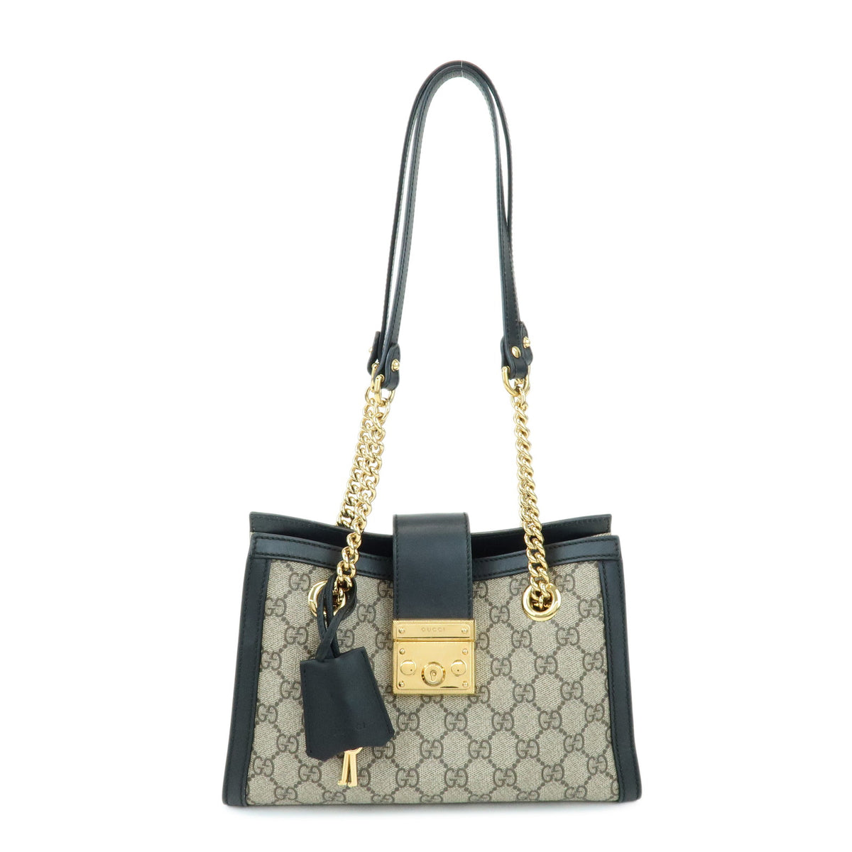 GUCCI Padlock GG Supreme Leather Chain Shoulder Bag Beige Black 498156