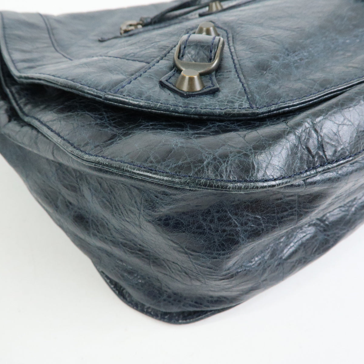BALENCIAGA Classic Neo Folk Leather Shoulder Bag Dark Navy 285346