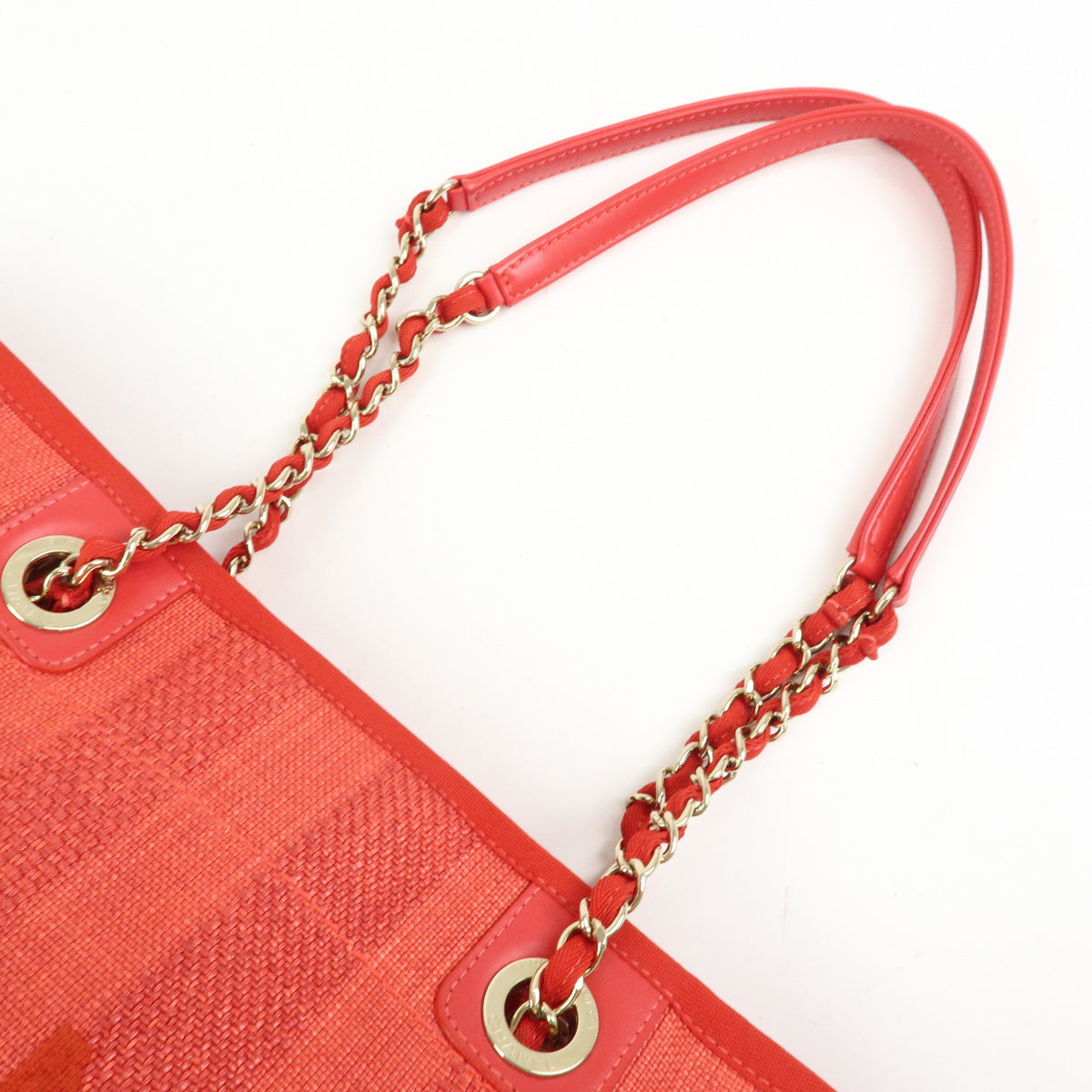 CHANEL Deauville MM Straw Canvas Leather Tote Shoulder Bag Red A67001