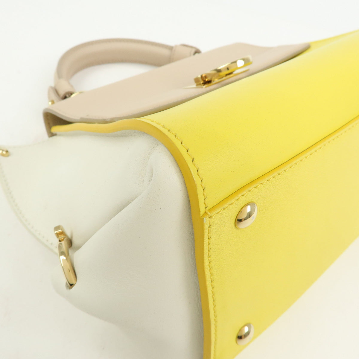 Ferragamo Gantini Leather 2Way Hand Bag Shoulder Bag Yellow Beige White