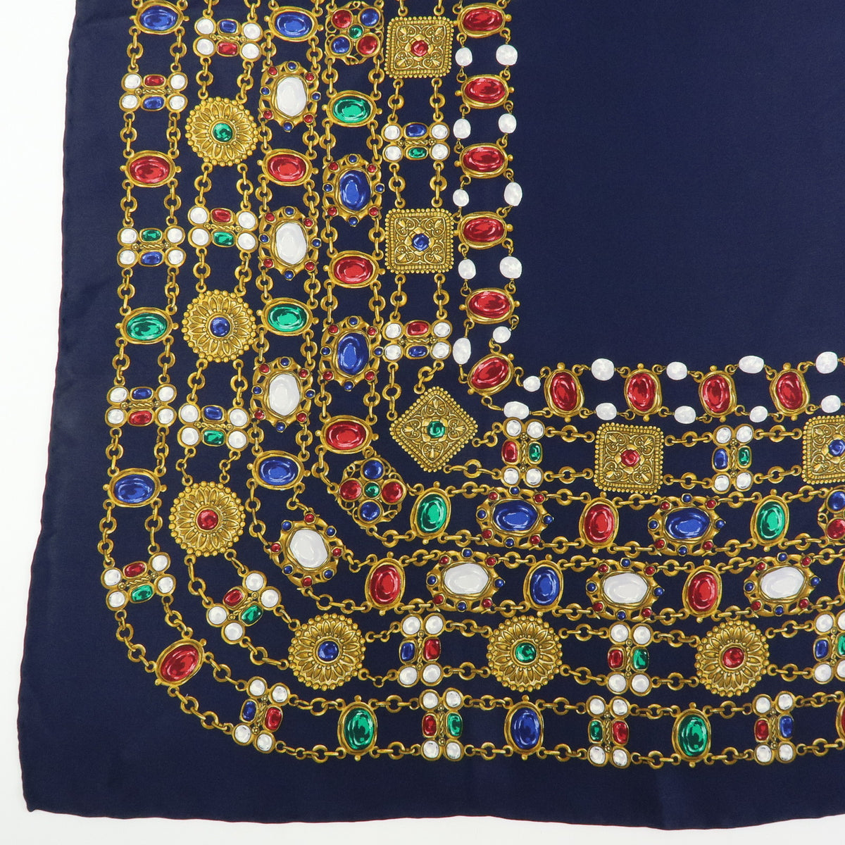 CHANEL Silk 100% Scarf Bijou Chain Print Navy Gold