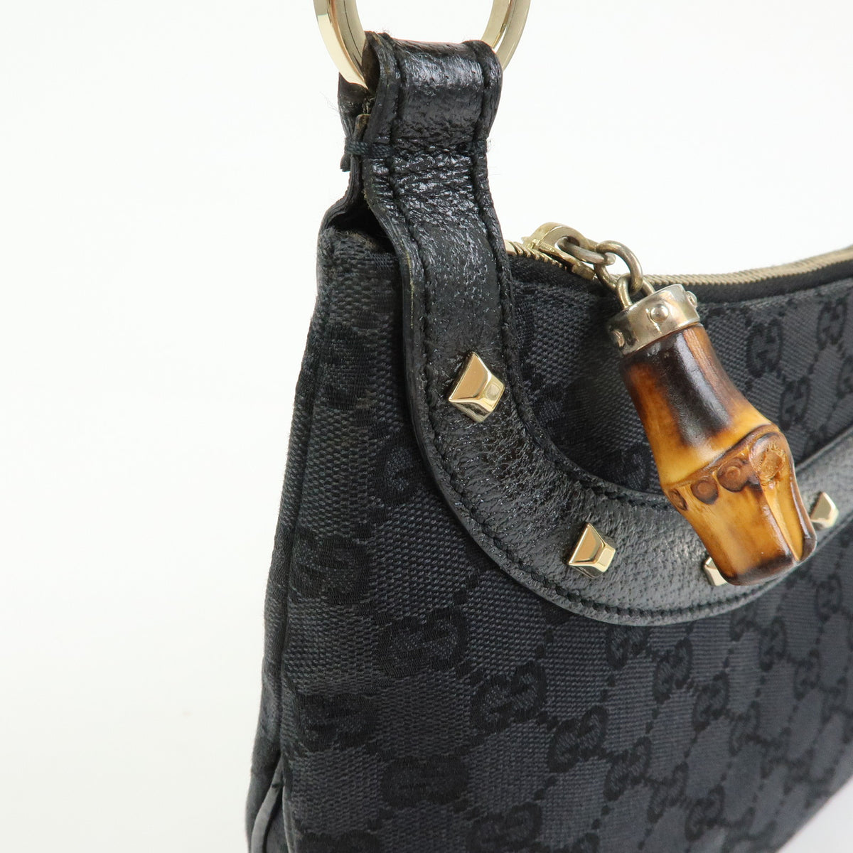 GUCCI Bamboo GG Canvas Leather Hand Bag Black 137378