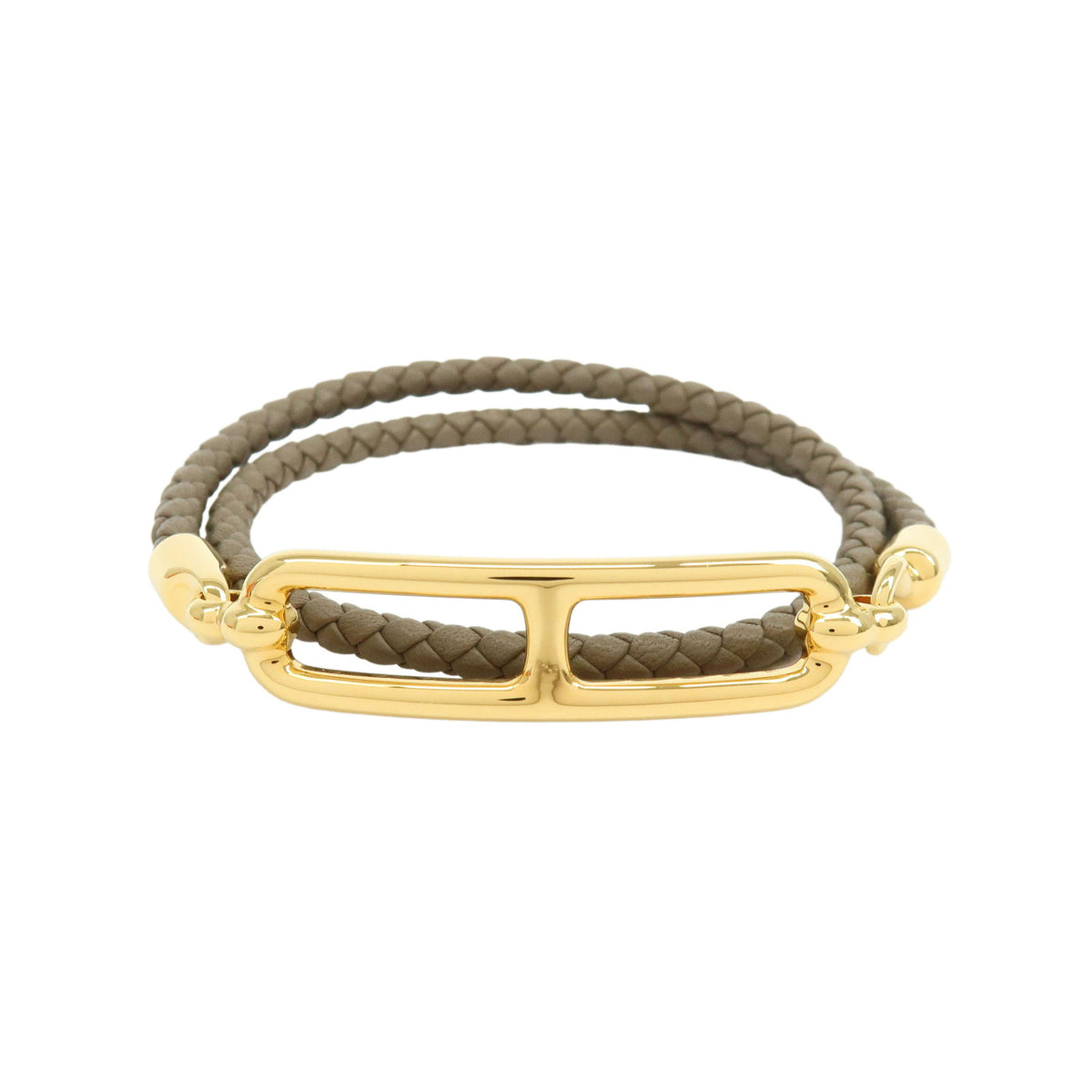 HERMES Leather Plated Roulis Double Tour Bracelet Beige Gold