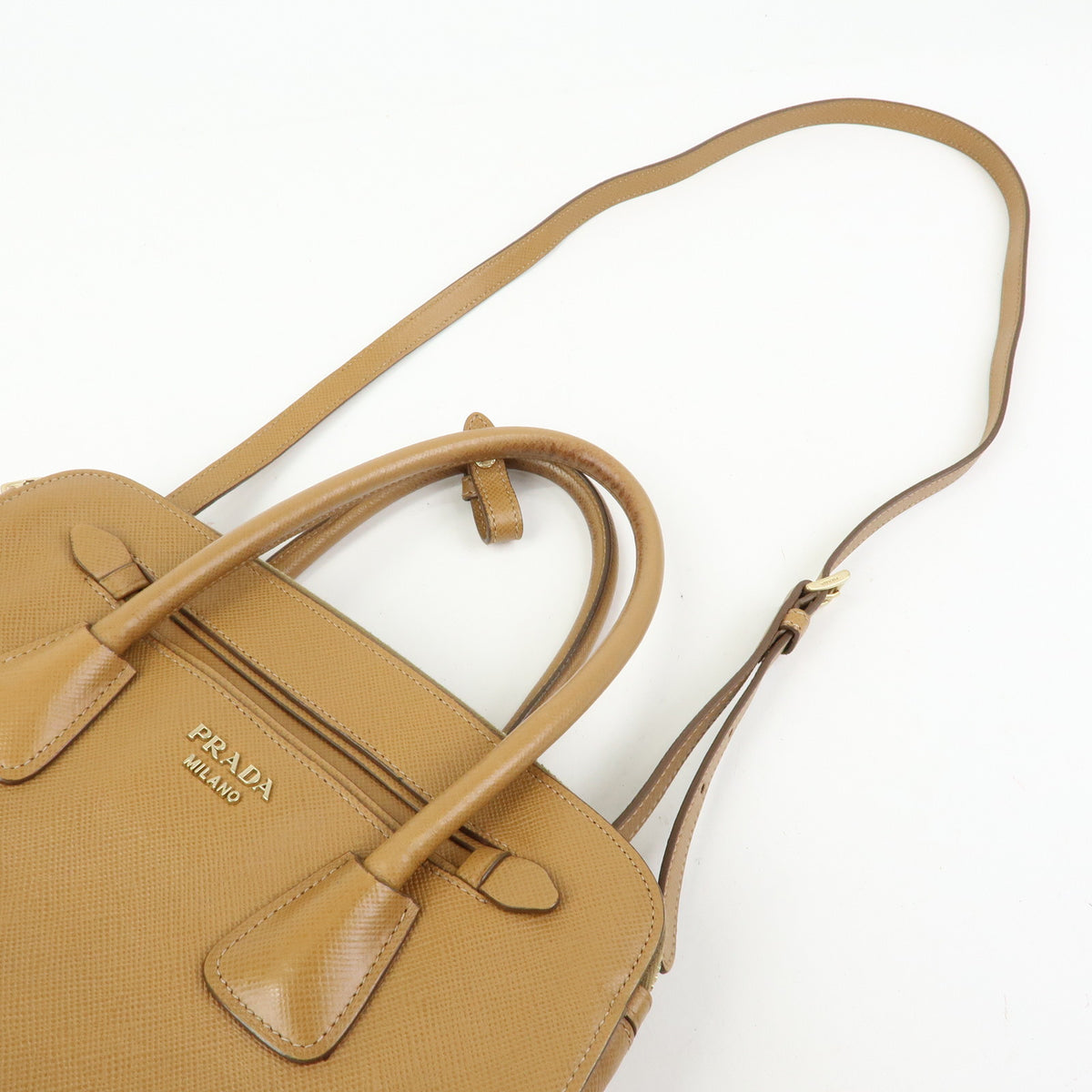 PRADA Logo Saffiano Leather 2Way Bag Hand Bag Shoulder Bag Camel BN2569
