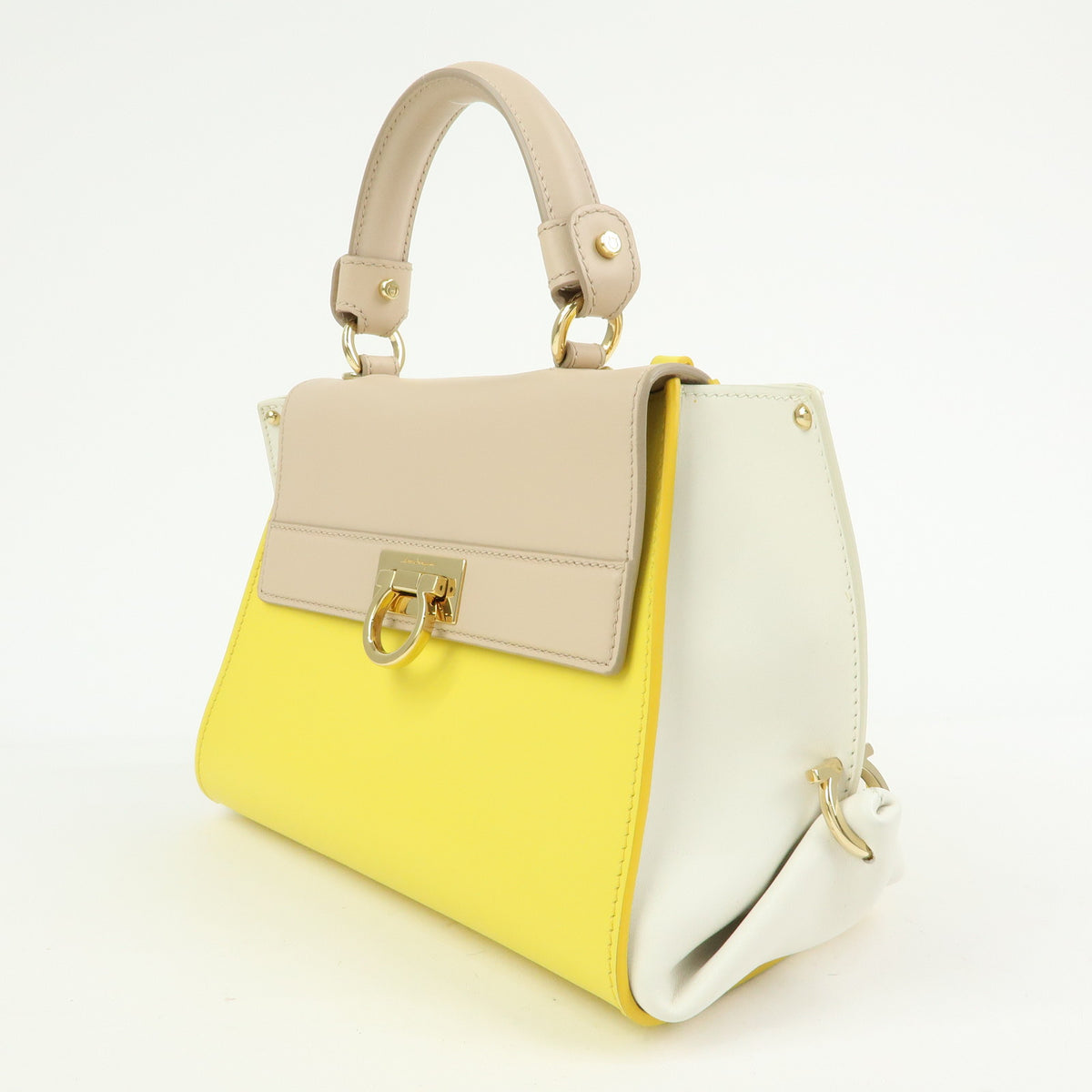 Ferragamo Gantini Leather 2Way Hand Bag Shoulder Bag Yellow Beige White