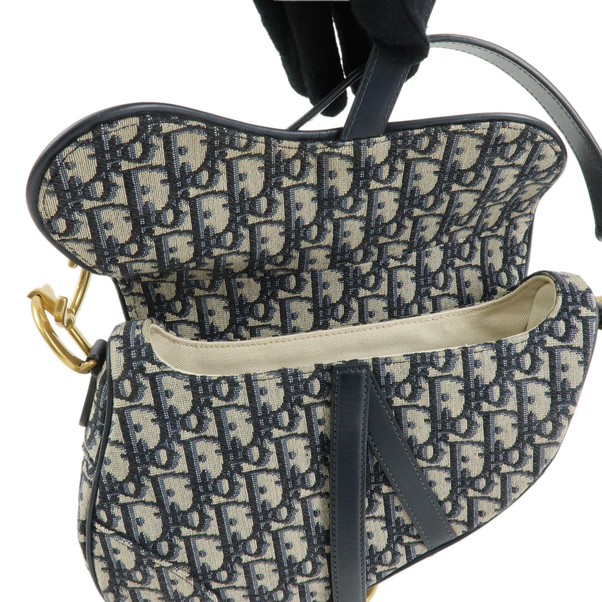 Christian Dior Saddle Oblique Jaquard Leather Shoulder Bag Navy Beige