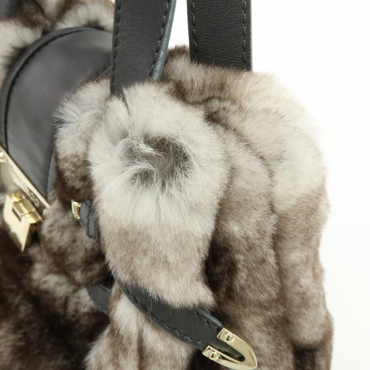 JIMMY CHOO Lapin Rabbit Fur Leather Hand Bag Tote Bag Brown Gray