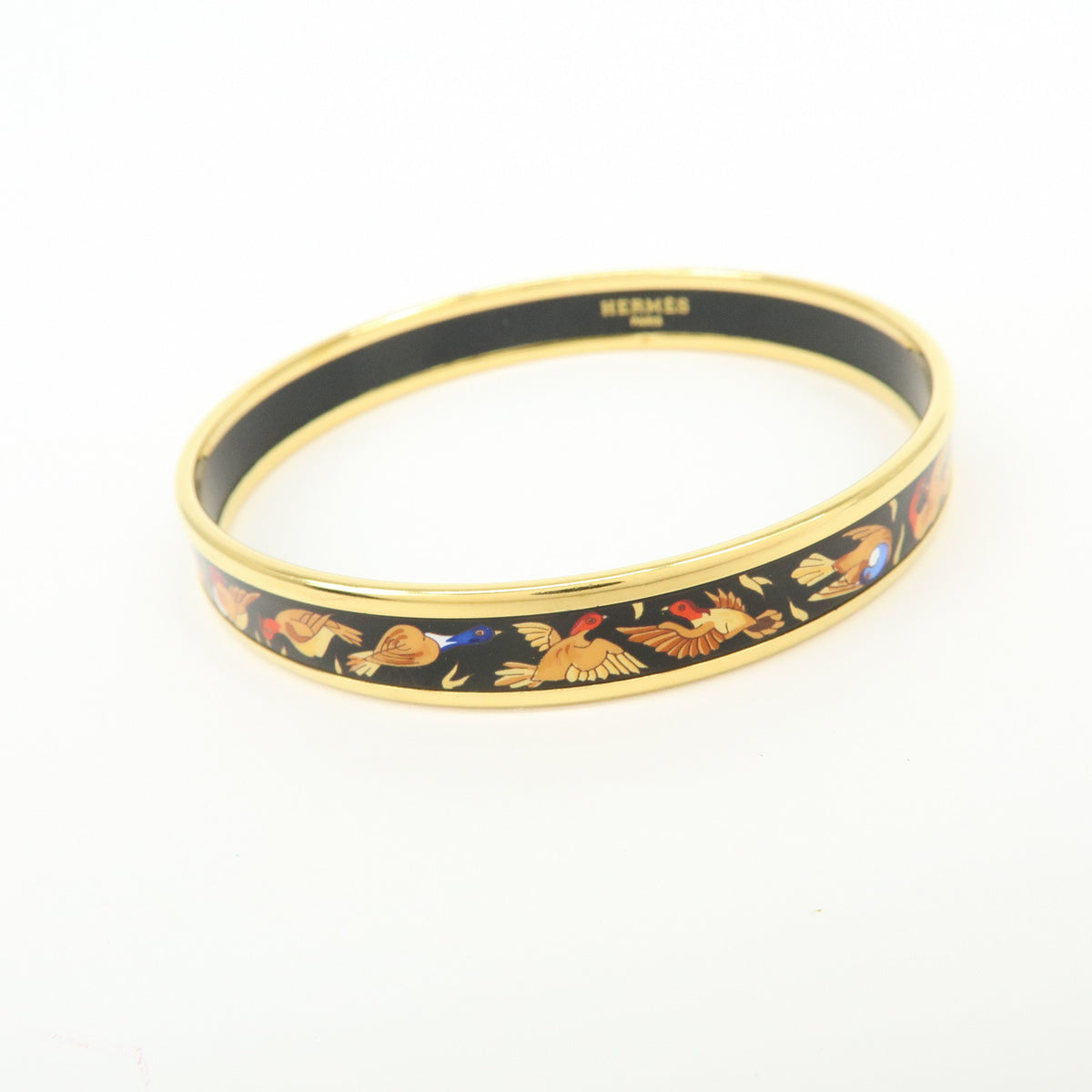 HERMES Email PM Metal Bracelet Bangle Birds Motif Black Gold