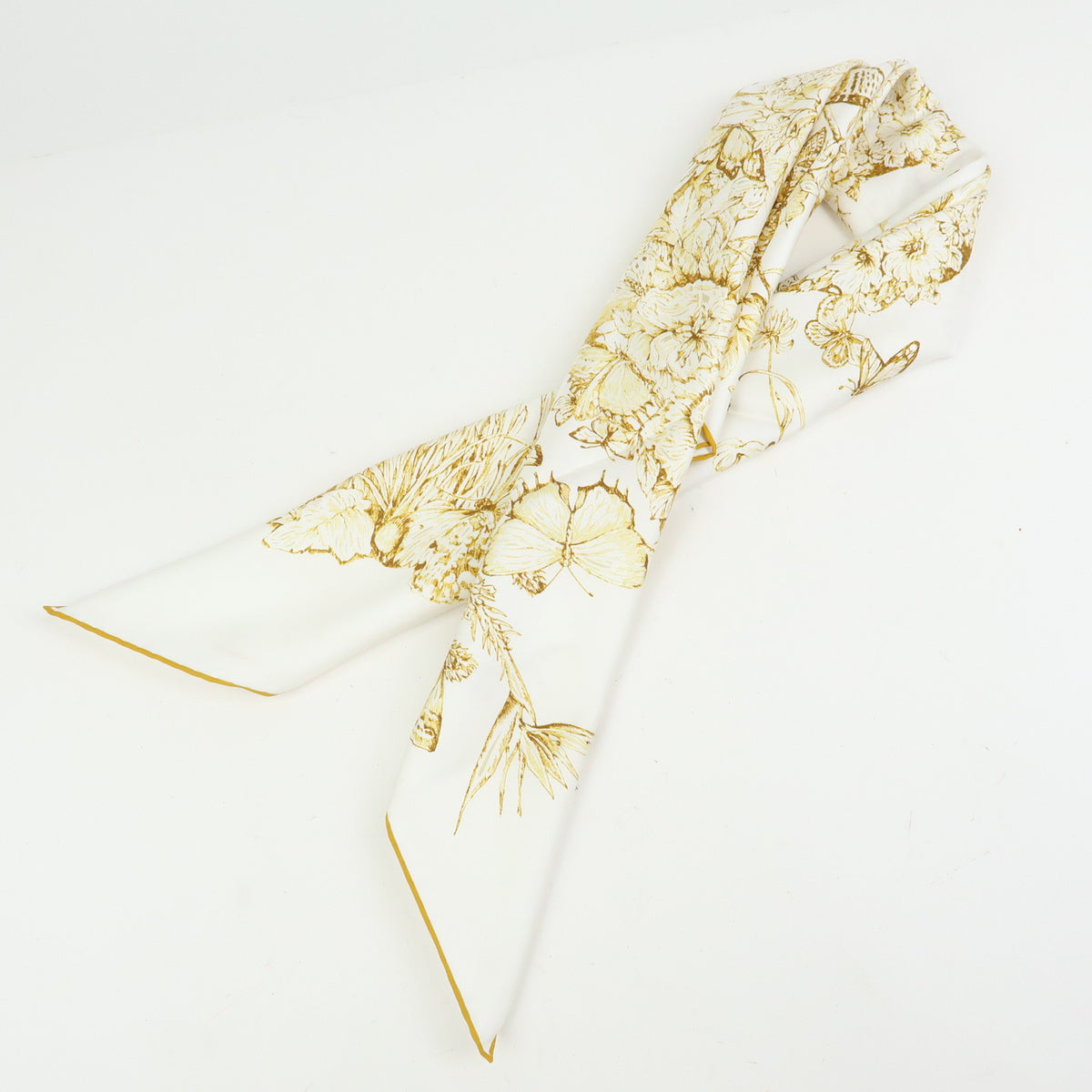 Christian Dior Silk 100% Gold Butterfly Pattern Scarf White Gold