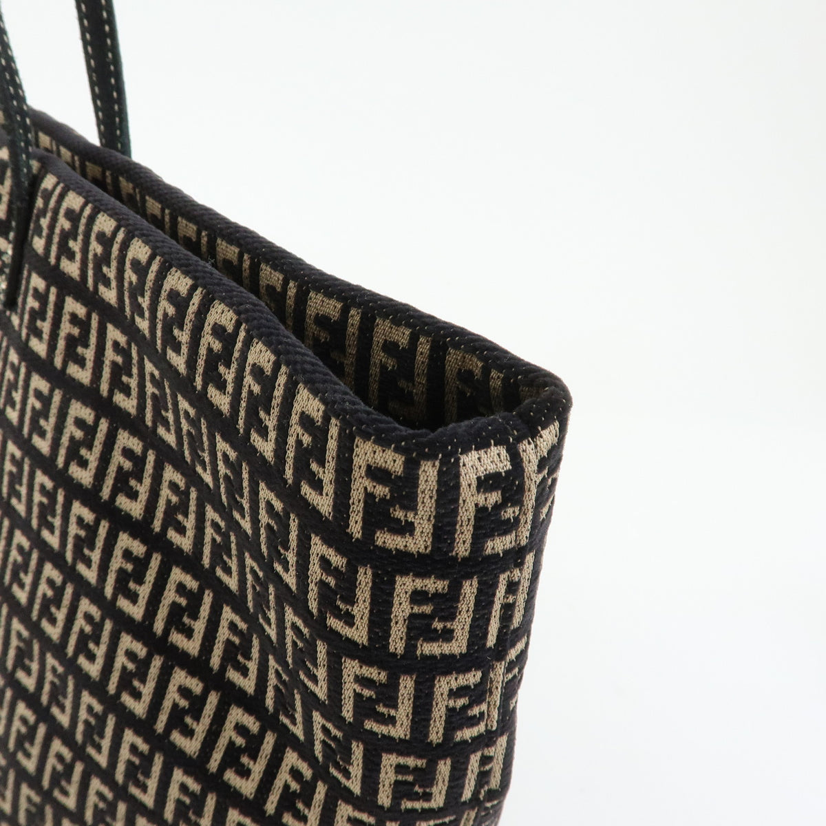 FENDI Zucchino Canvas Leather Tote Bag Shoulder Bag Black Beige 8BH005