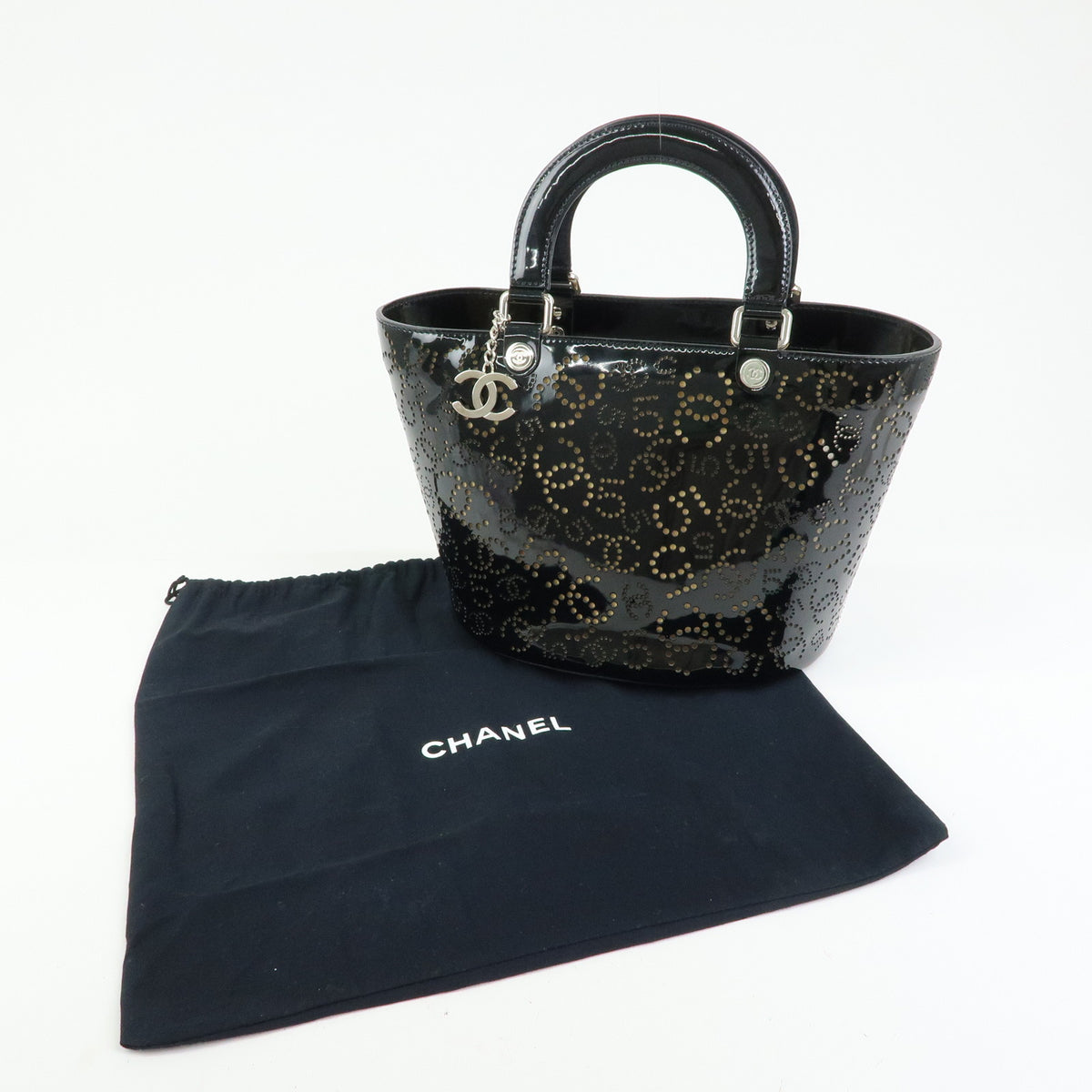 CHANEL COCO Mark Patent Leather Perforated Punching Hand Tote Bag Black