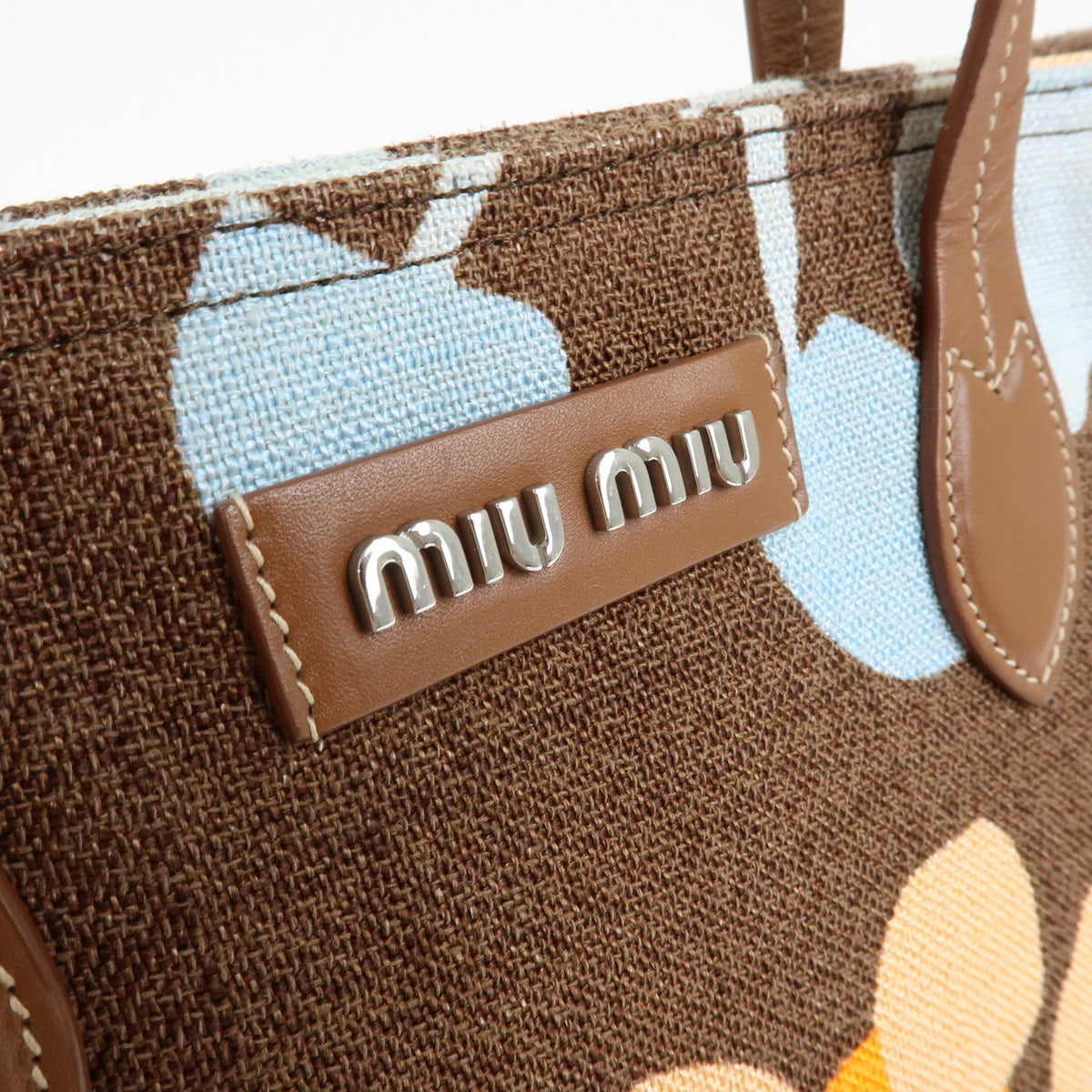 MIU MIU Logo Canvas Leather Tote Shoulder Bag Flower Brown 5BG126
