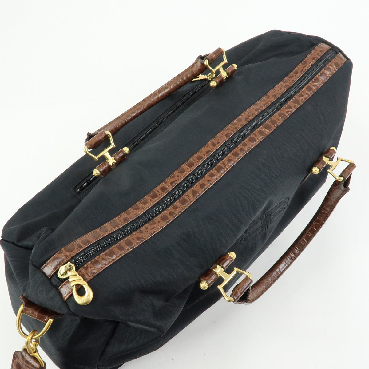 BALENCIAGA Nylon Embossed Leather Boston Bag Black Brown