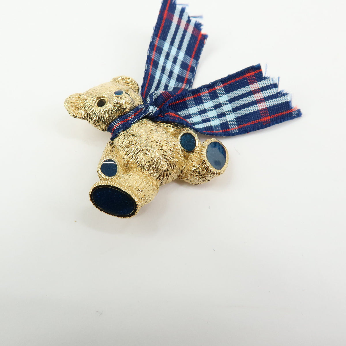 BURBERRY Teddy Bear With Plaid Ribbon Metal Pin Brooch Gold