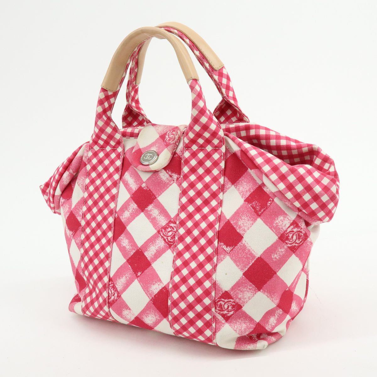 CHANEL Cruise Line Canvas Leather Gingham Hand Bag Tote Bag Pink A49918