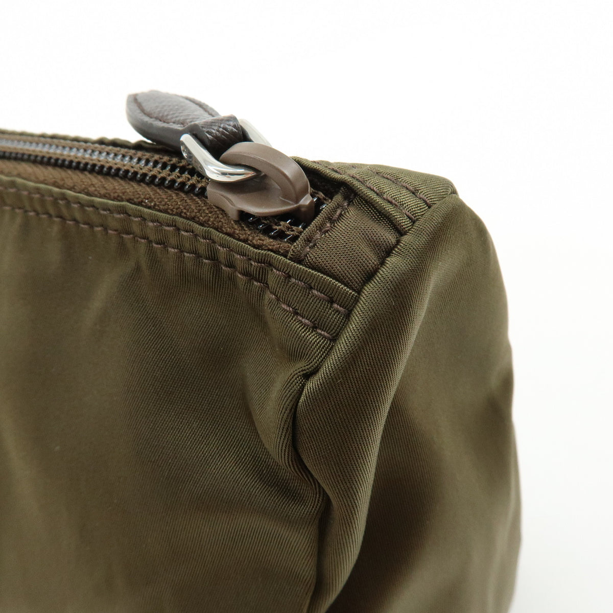 PRADA Triangle Logo Nylon Cosmetic Pouch Makeup Case Khaki Brown 1NA012