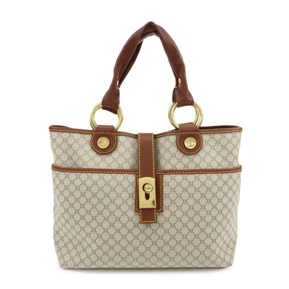 CELINE Macadam Canvas Leather Tote Bag Hand Bag Beige Brown