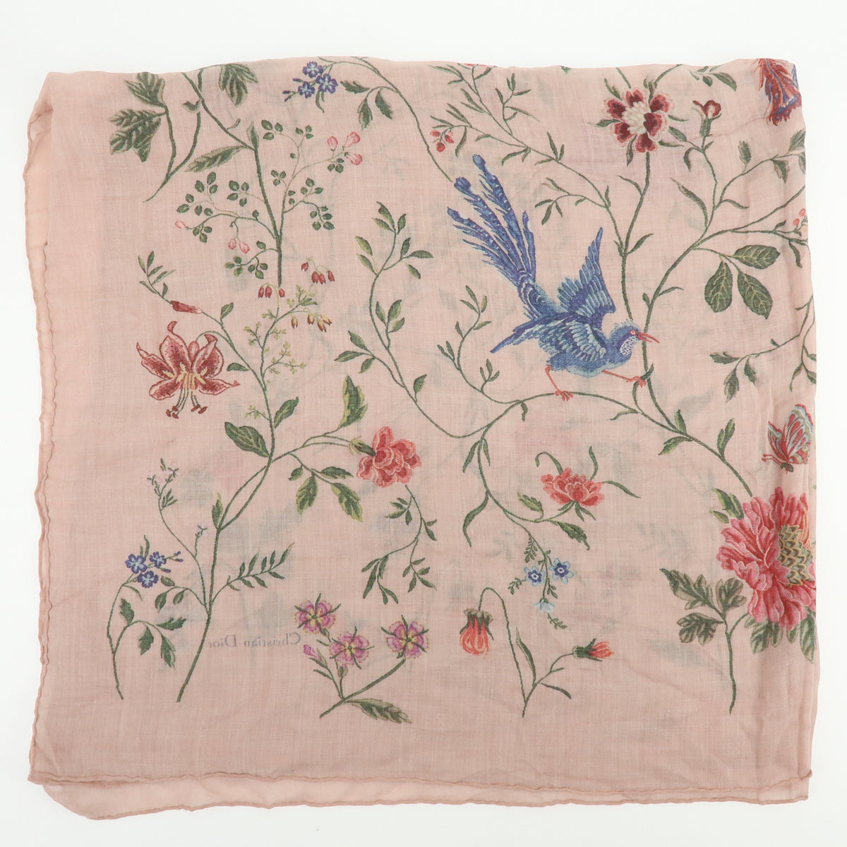 Christian Dior Cashmere 100% Scarf Bird Floral Pink Green Blue Red