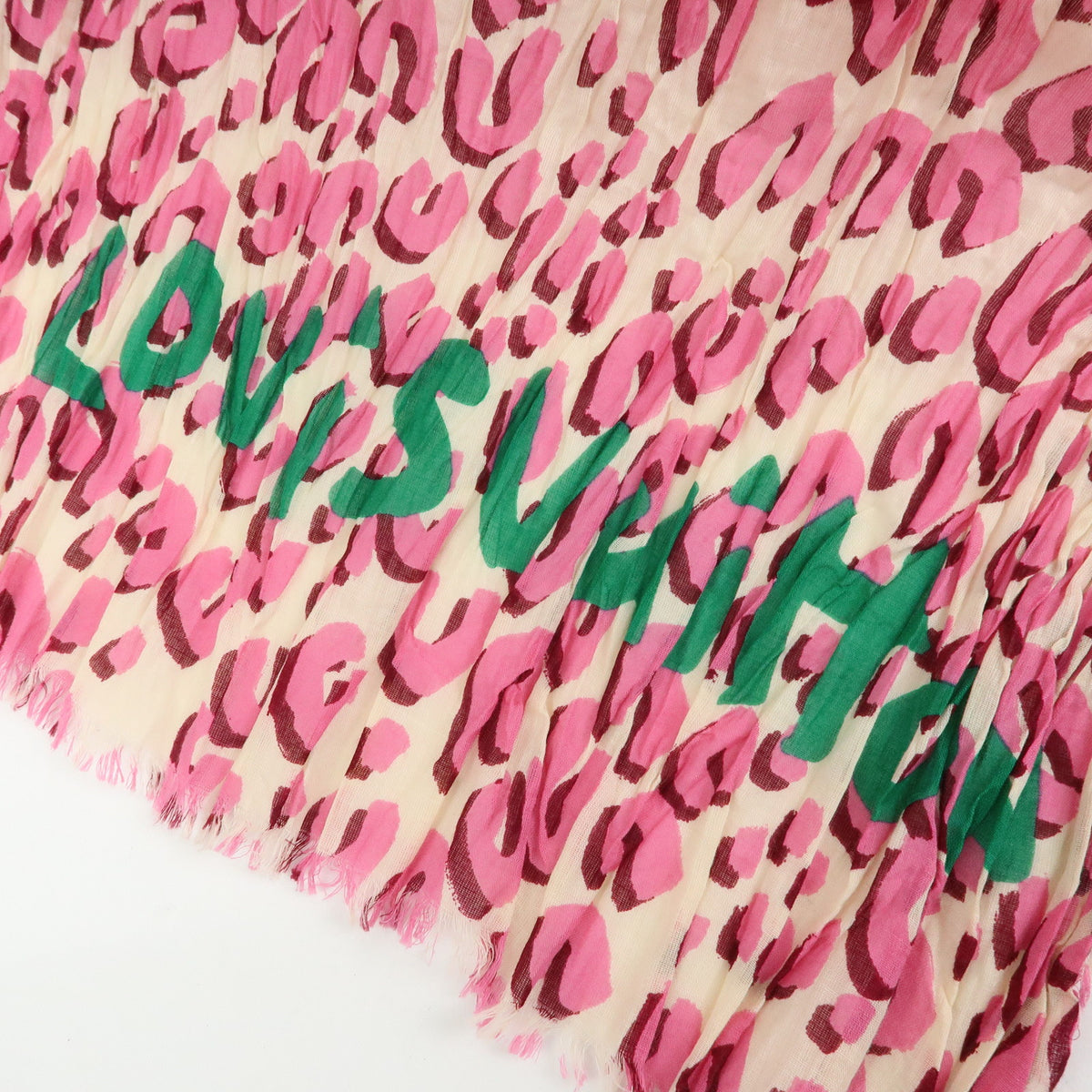 Louis Vuitton Leopard Cotton 100% Shawl Scarf Pink Green 401910