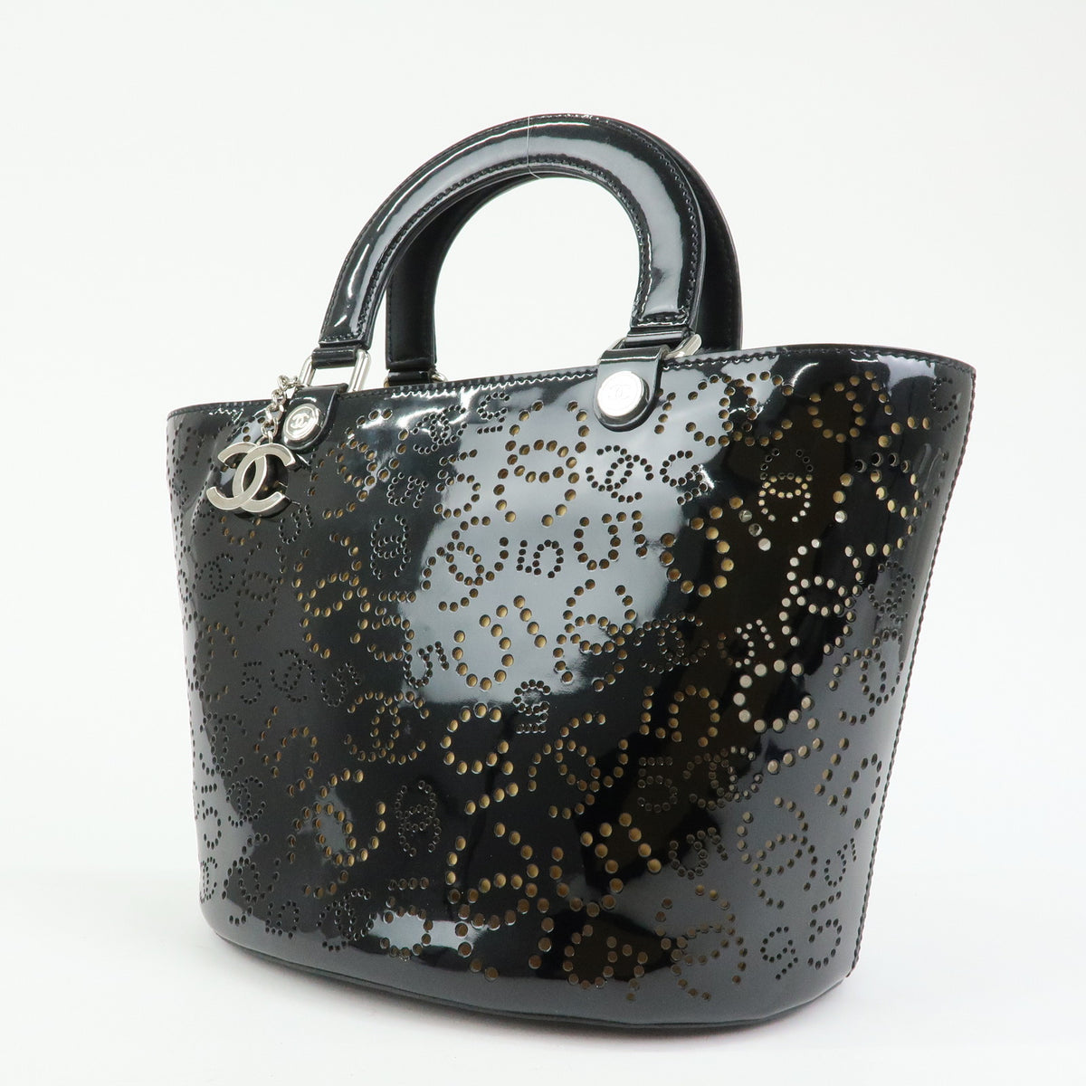 CHANEL COCO Mark Patent Leather Perforated Punching Hand Tote Bag Black