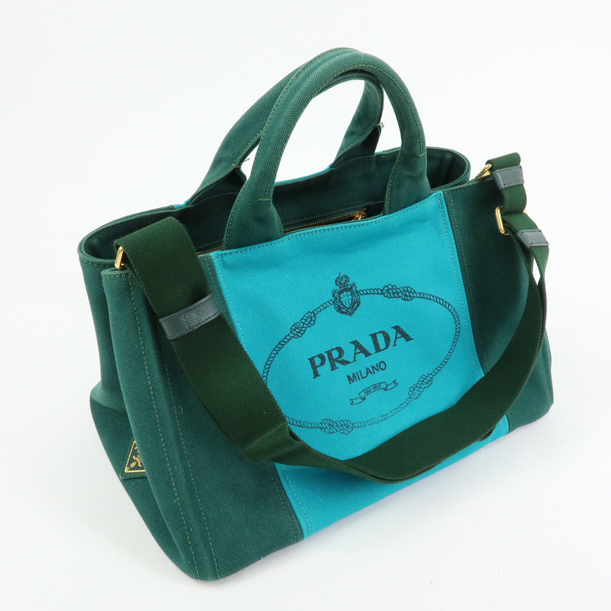 PRADA Logo Canapa Triangle Logo 2Way Tote Hand Bag  Green Blue BN2642