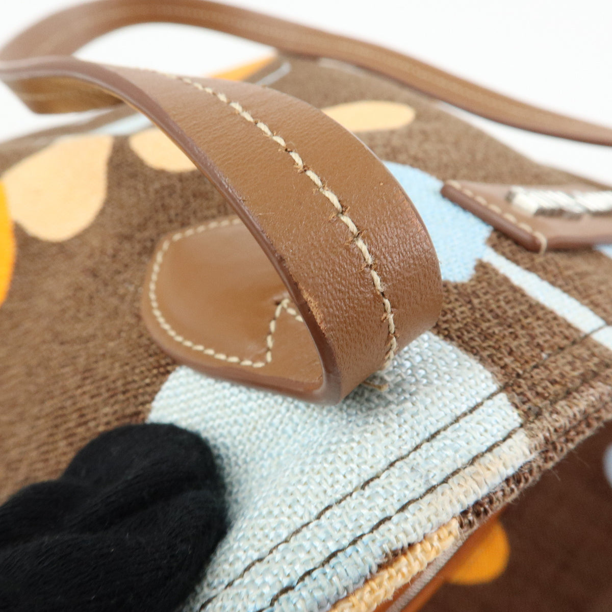 MIU MIU Logo Canvas Leather Tote Shoulder Bag Flower Brown 5BG126