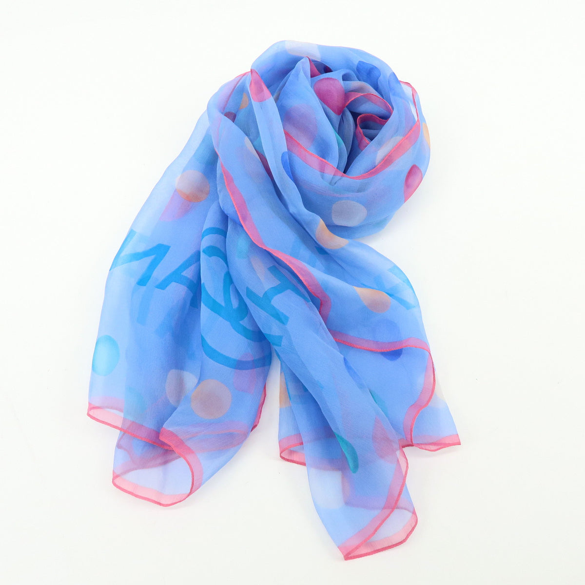 CHANEL Silk100% Dots Pattern Scarf Shawl Light Blue Pink