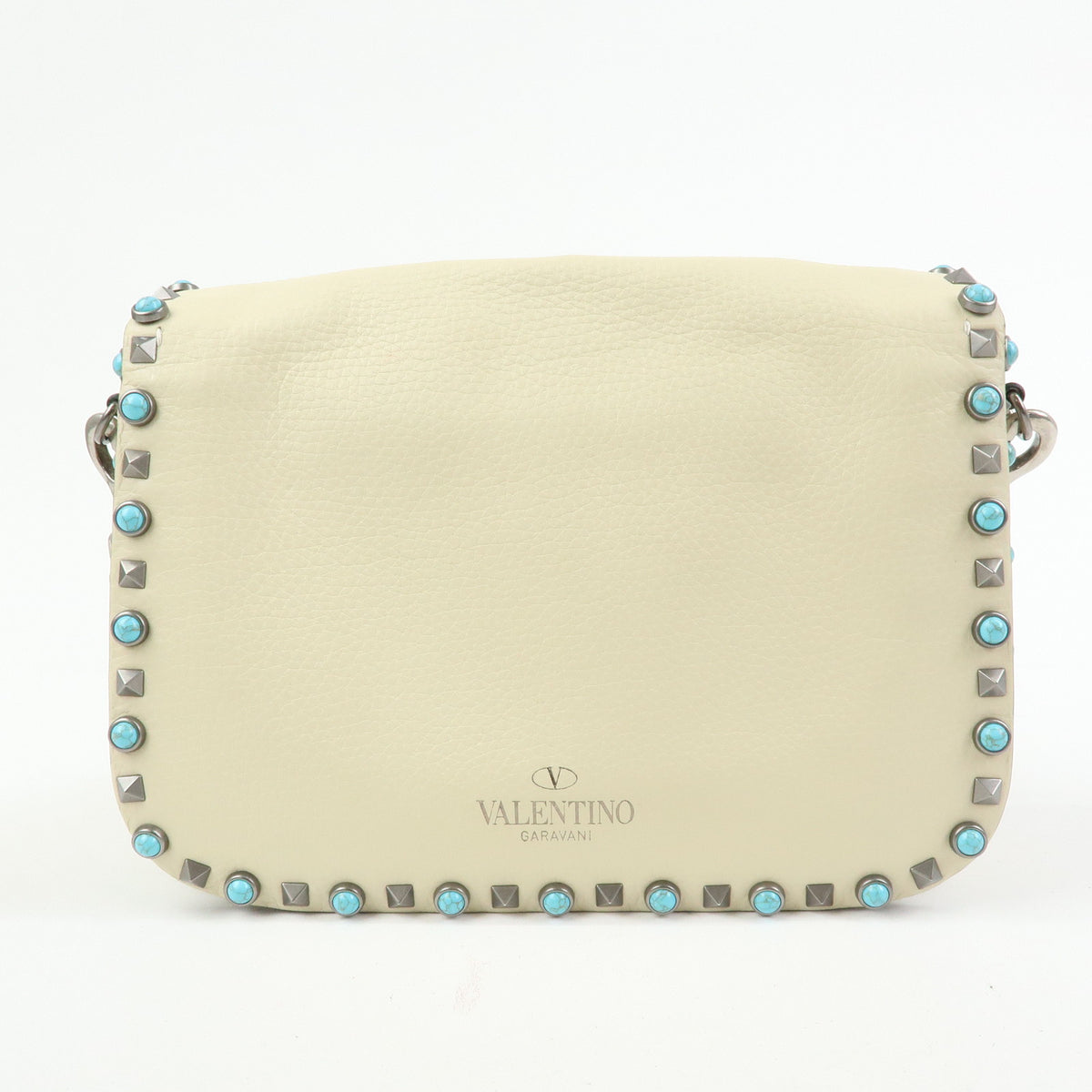 VALENTINO Rockstuds Rolling Guitar Strap Leather Shoulder Bag Ivory