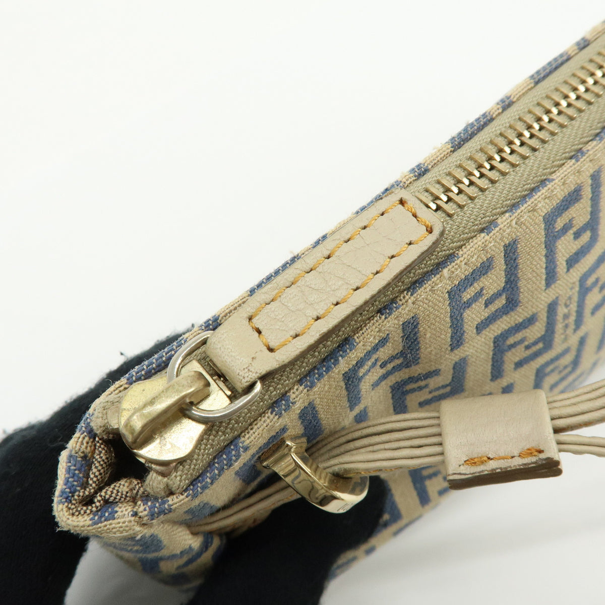 FENDI Zucchino Canvas Leather Mini Hand Bag Pouch Beige 8BR513