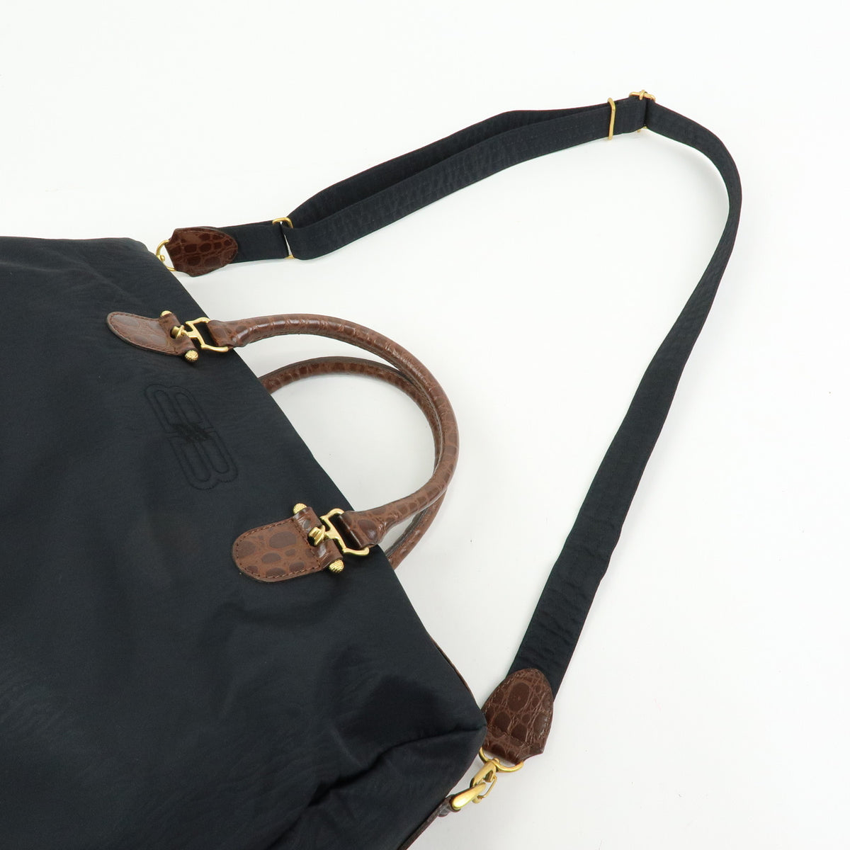 BALENCIAGA Nylon Embossed Leather Boston Bag Black Brown