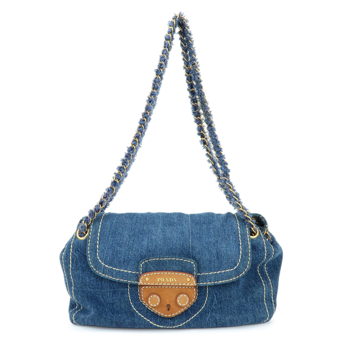 PRADA Front Flap Denim Leather Chain Shoulder Bag Blue Camel BR4659