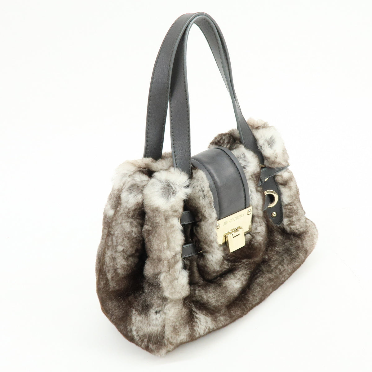 JIMMY CHOO Lapin Rabbit Fur Leather Hand Bag Tote Bag Brown Gray