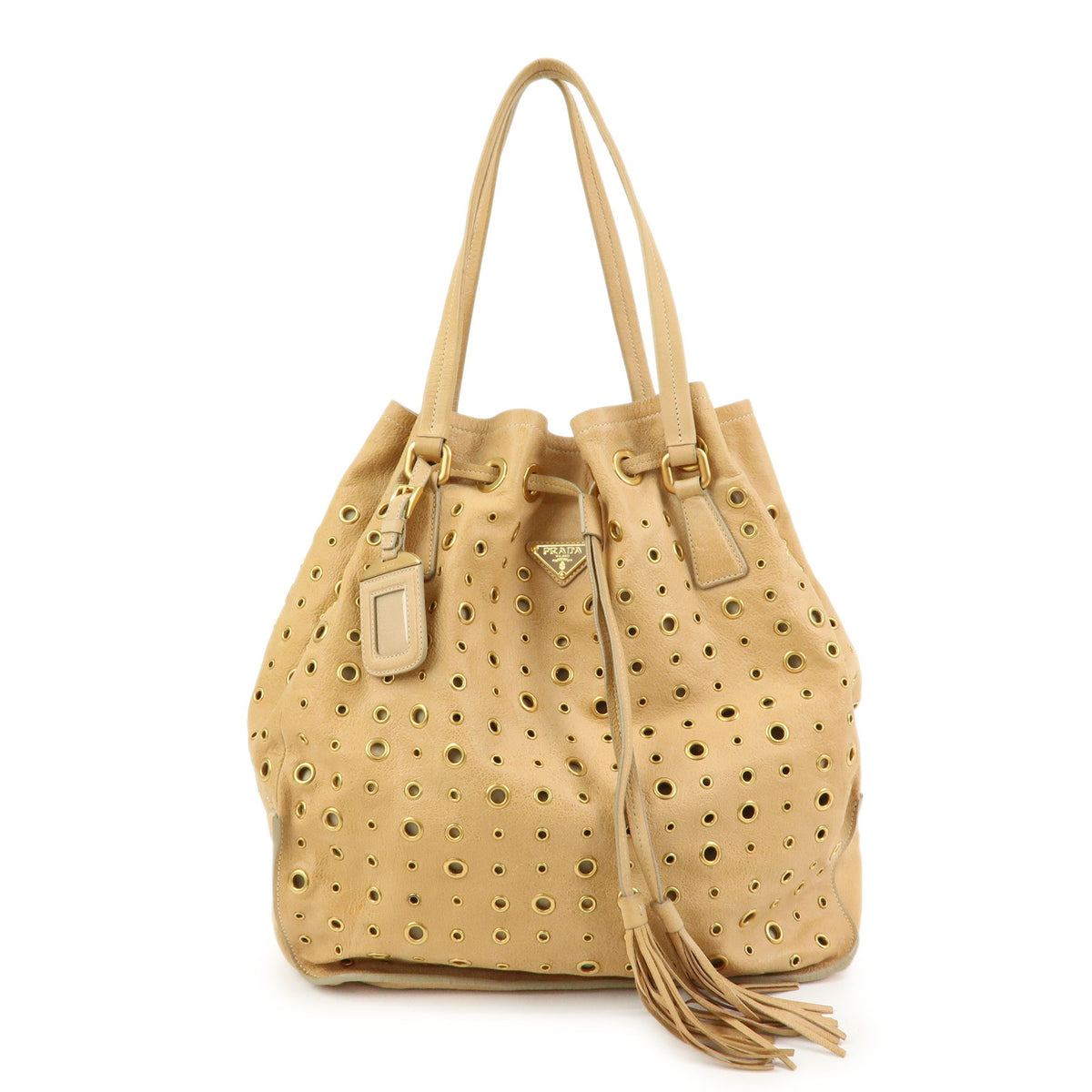 PRADA Triangle Logo Perforated Leather Tote Bag Tassel Beige BR3552