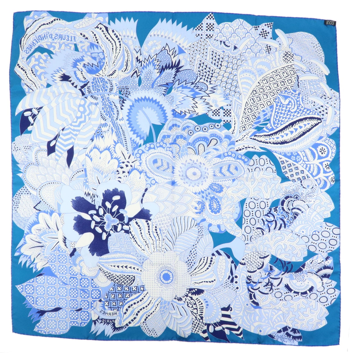 HERMES Carre 90 Silk Scarf 100% FLEURS DINDIENNES Blue White