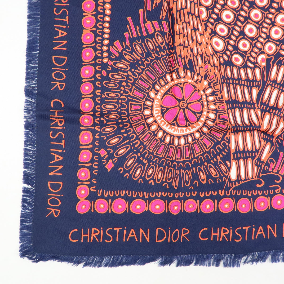 Christian Dior Silk 100% Lion Geometric pattern Scarf Navy