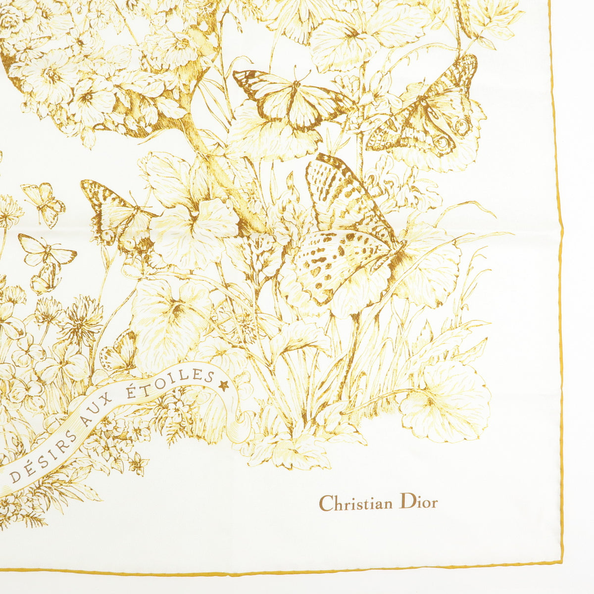 Christian Dior Silk 100% Gold Butterfly Pattern Scarf White Gold