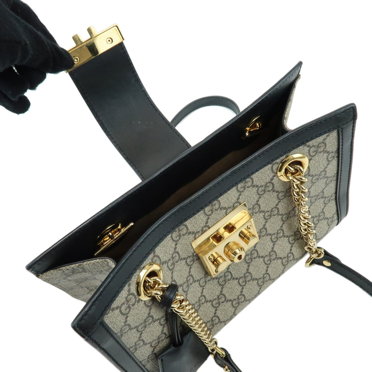 GUCCI Padlock GG Small GG Supreme Chain Shoulder Bag Beige Black 498156