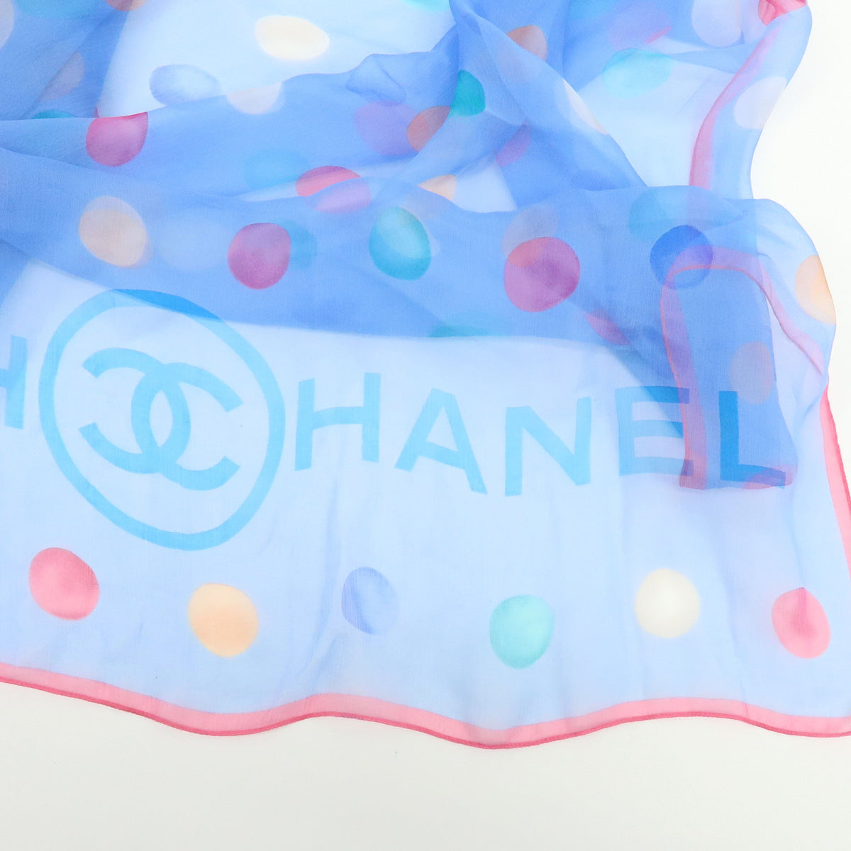 CHANEL Silk100% Dots Pattern Scarf Shawl Light Blue Pink