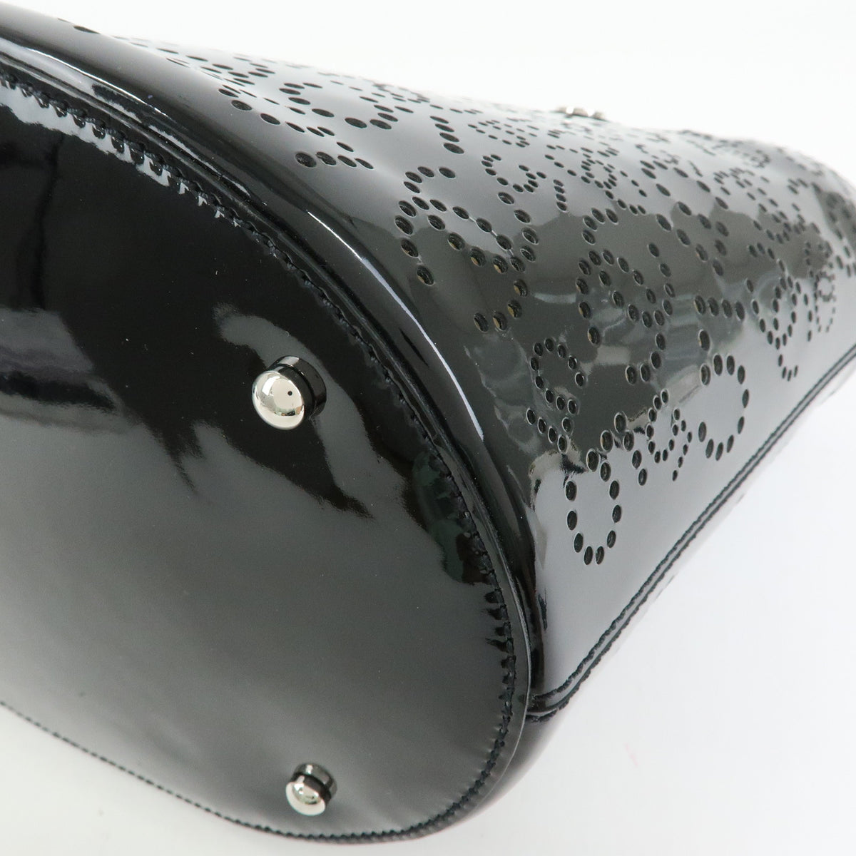 CHANEL COCO Mark Patent Leather Perforated Punching Hand Tote Bag Black