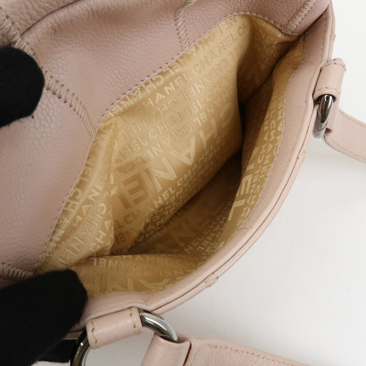 CHANEL Logo Chocolate Bar Caviarskin Shoulder Bag Hand Bag Pink