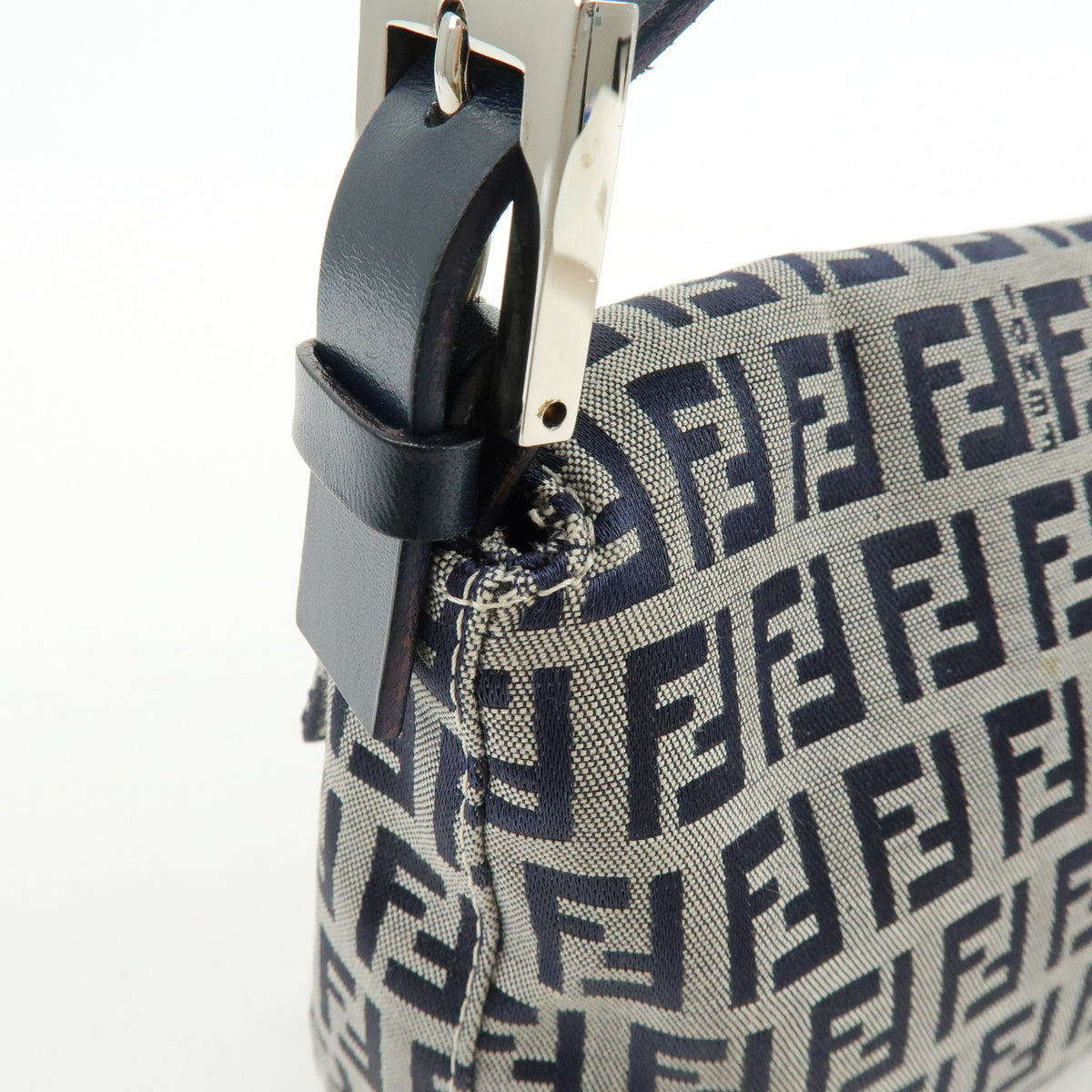 FENDI Mamma Baguette Zucchino Canvas Leather Shoulder Bag Navy 26424