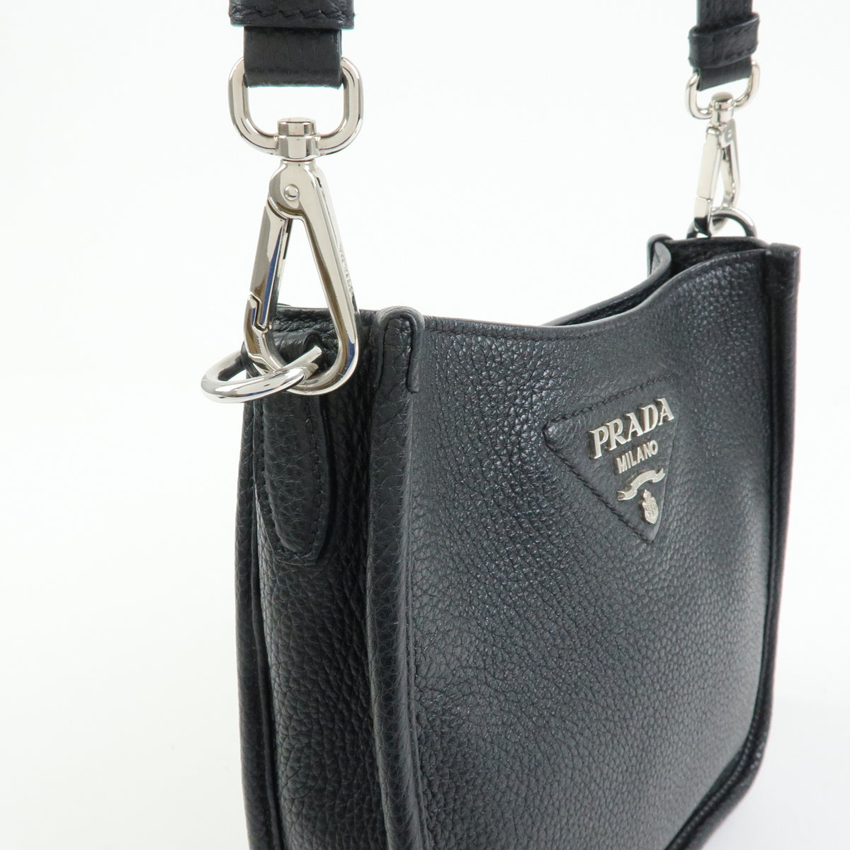 PRADA Triangle Logo Vitello Daino Leather Shoulder Bag Black 1BH191