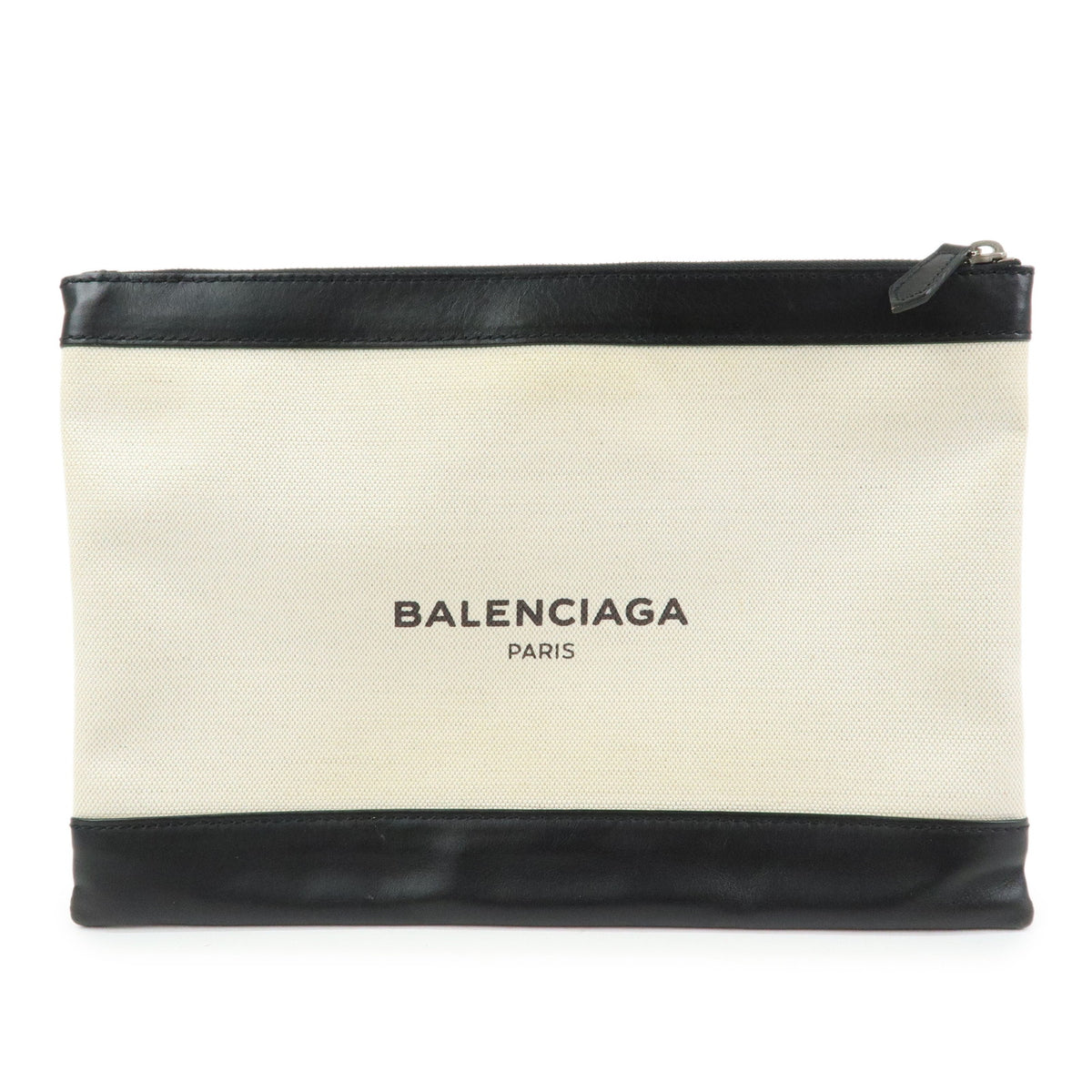 BALENCIAGA Navy Clip M Canvas Leather Clutch Bag Natural Black 373834